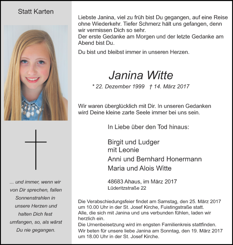  Traueranzeige für Janina Witte vom 18.03.2017 aus Münstersche Zeitung und Münsterland Zeitung