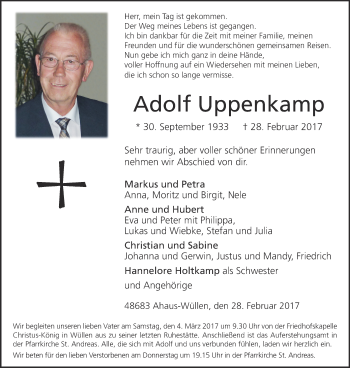 Traueranzeige von Adolf Uppenkamp von Münstersche Zeitung und Münsterland Zeitung