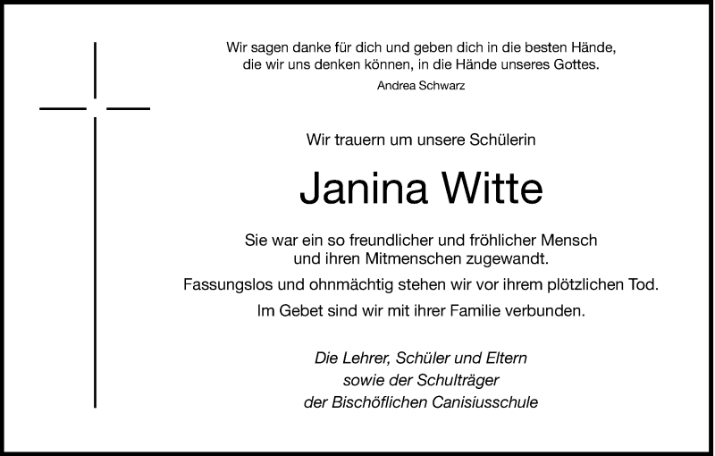  Traueranzeige für Janina Witte vom 18.03.2017 aus Münstersche Zeitung und Münsterland Zeitung