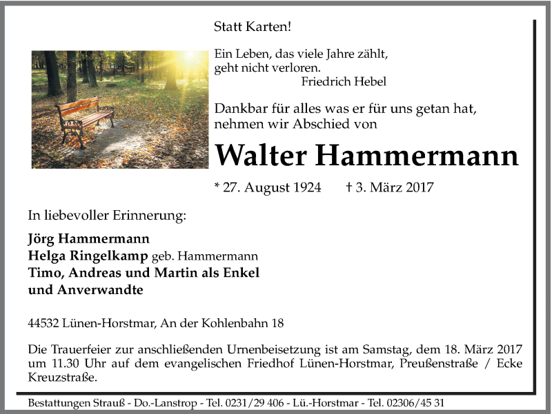  Traueranzeige für Walter Hammermann vom 11.03.2017 aus Ruhr Nachrichten