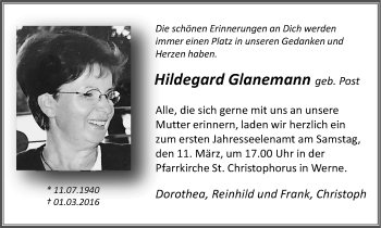 Traueranzeige von Hildegard Glanemann von Ruhr Nachrichten