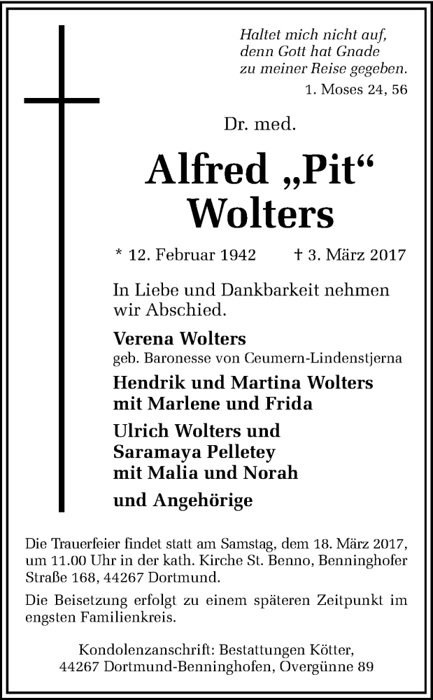  Traueranzeige für Alfred Wolters vom 11.03.2017 aus Ruhr Nachrichten