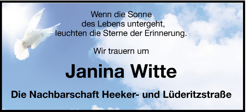  Traueranzeige für Janina Witte vom 22.03.2017 aus Münstersche Zeitung und Münsterland Zeitung