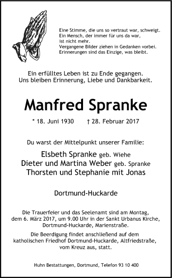 Traueranzeige von Manfred Spranke von Ruhr Nachrichten