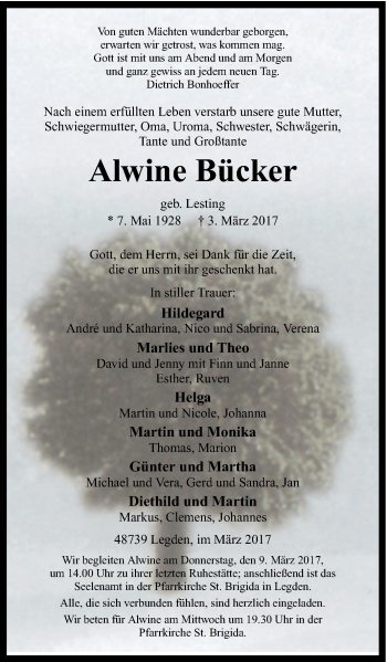 Traueranzeige von Alwine Bücker von Münstersche Zeitung und Münsterland Zeitung