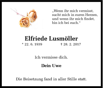 Traueranzeige von Elfriede Lusmöller von Ruhr Nachrichten und Halterner Zeitung