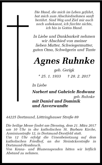 Traueranzeige von Agnes Ruhnke von Ruhr Nachrichten