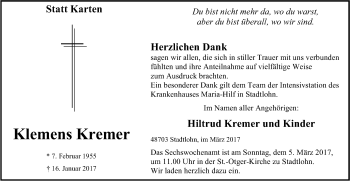 Traueranzeige von Klemens Kremer von Münstersche Zeitung und Münsterland Zeitung