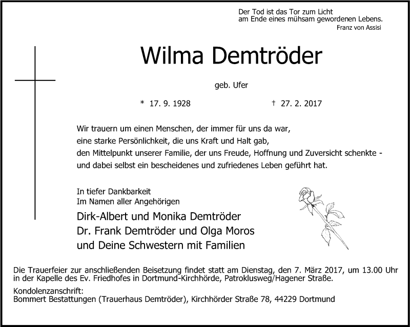  Traueranzeige für Wilma Demtröder vom 03.03.2017 aus Ruhr Nachrichten