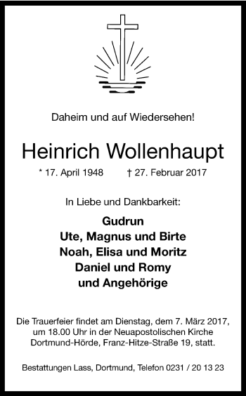 Traueranzeige von Heinrich Wollenhaupt von Ruhr Nachrichten