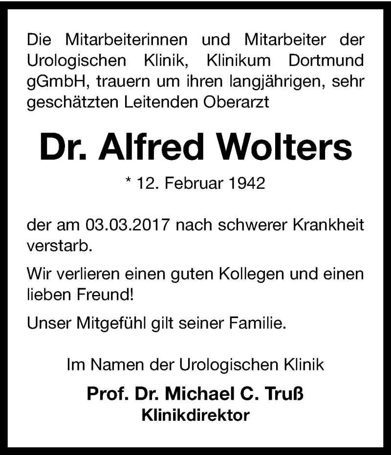  Traueranzeige für Alfred Wolters vom 04.03.2017 aus Ruhr Nachrichten