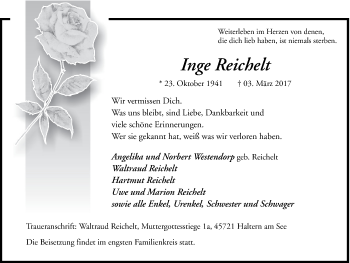 Traueranzeige von Inge Reichelt von Ruhr Nachrichten und Halterner Zeitung