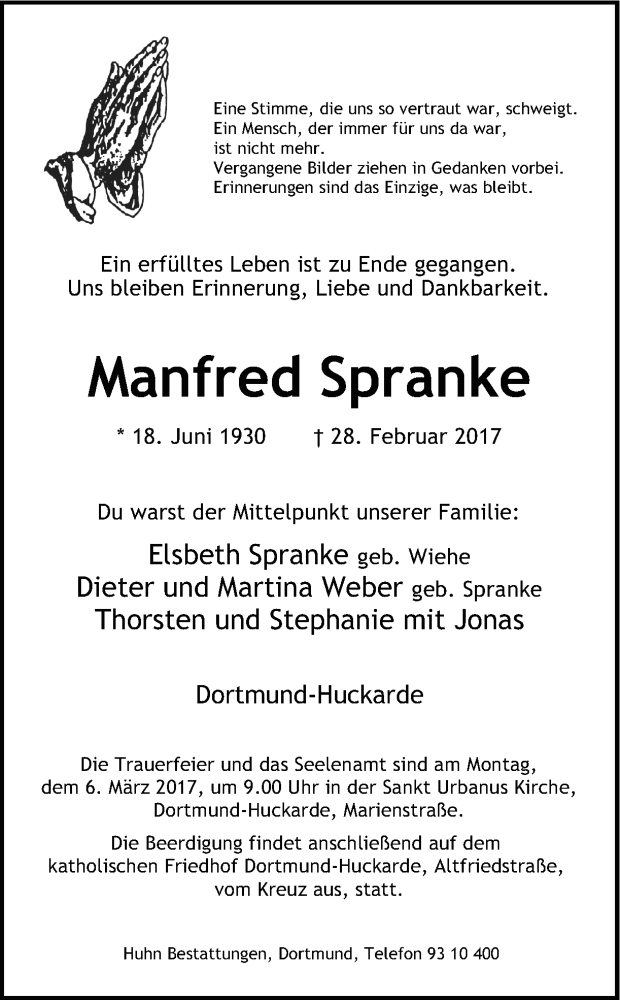  Traueranzeige für Manfred Spranke vom 04.03.2017 aus Ruhr Nachrichten