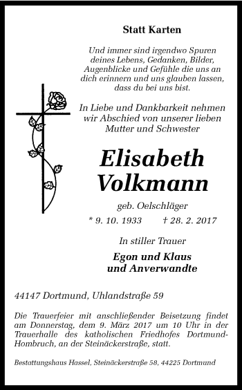 Traueranzeige von Elisabeth Volkmann von Ruhr Nachrichten