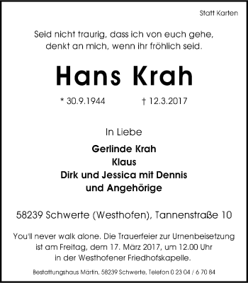 Traueranzeige von Hans Krah von Ruhr Nachrichten