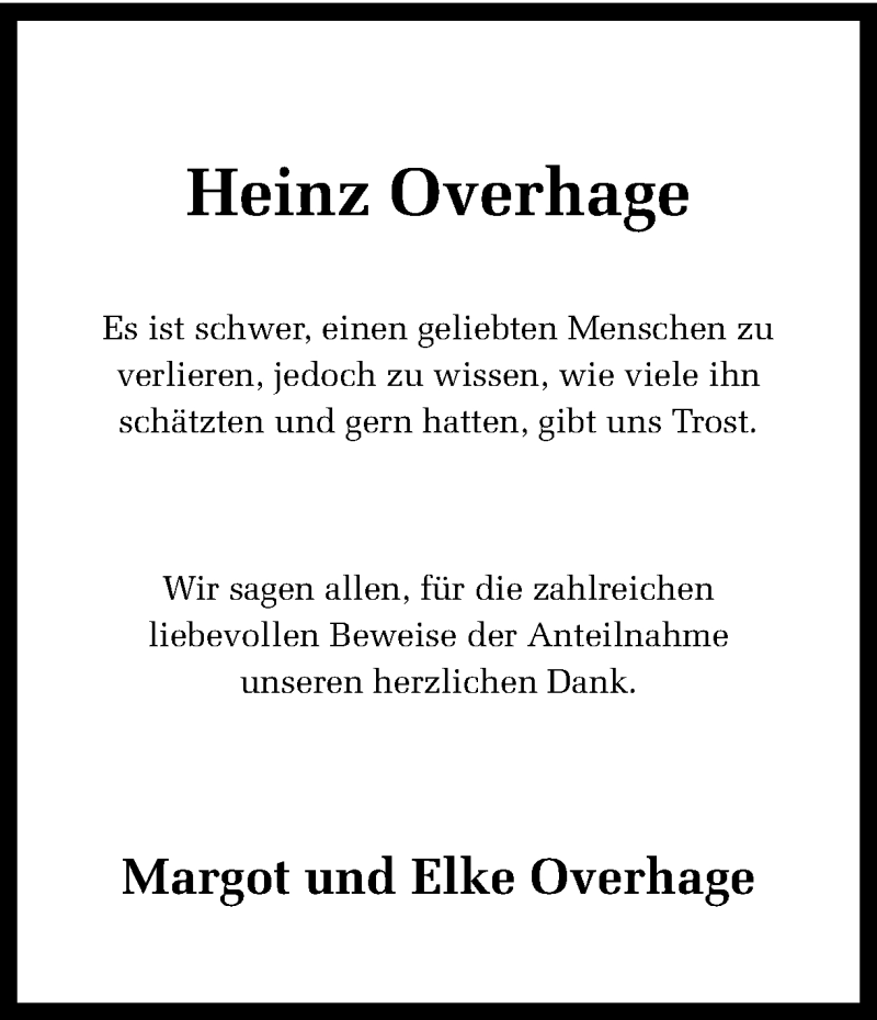  Traueranzeige für Heinz Overhage vom 15.03.2017 aus Ruhr Nachrichten