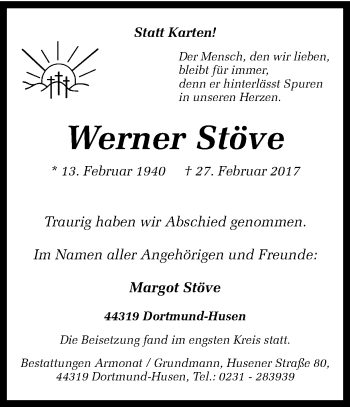 Traueranzeige von Werner Stöve von Ruhr Nachrichten