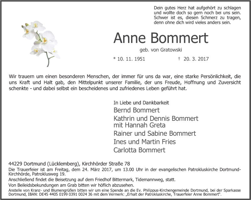 Traueranzeige für Anne Bommert vom 22.03.2017 aus Ruhr Nachrichten