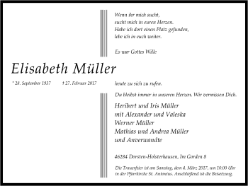 Traueranzeige von Elisabeth Müller von Ruhr Nachrichten und Dorstener Zeitung