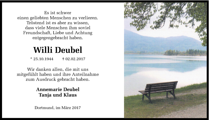  Traueranzeige für Willi Deubel vom 04.03.2017 aus Ruhr Nachrichten