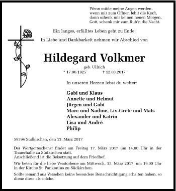 Traueranzeige von Hildegard Volkmer von Ruhr Nachrichten