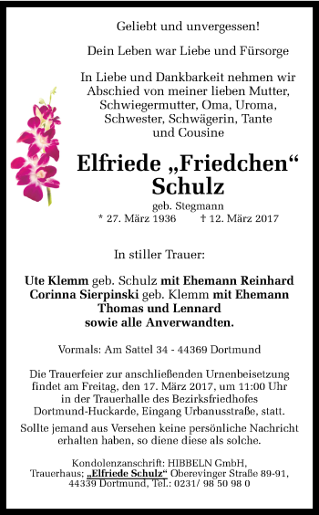 Traueranzeige von Elfriede Friedchen von Ruhr Nachrichten