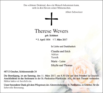Traueranzeige von Therese Wevers von Münstersche Zeitung und Münsterland Zeitung