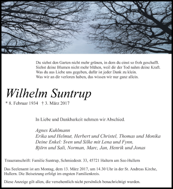 Traueranzeige von Wilhelm Suntrup von Ruhr Nachrichten und Halterner Zeitung