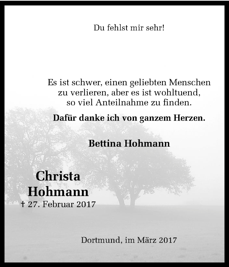  Traueranzeige für Christa Hohmann vom 25.03.2017 aus Ruhr Nachrichten
