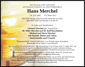 Traueranzeige von Hans Merchel von Ruhr Nachrichten