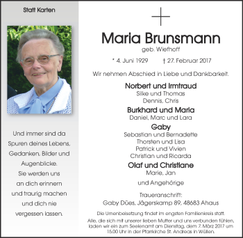 Traueranzeige von Maria Brunsmann 