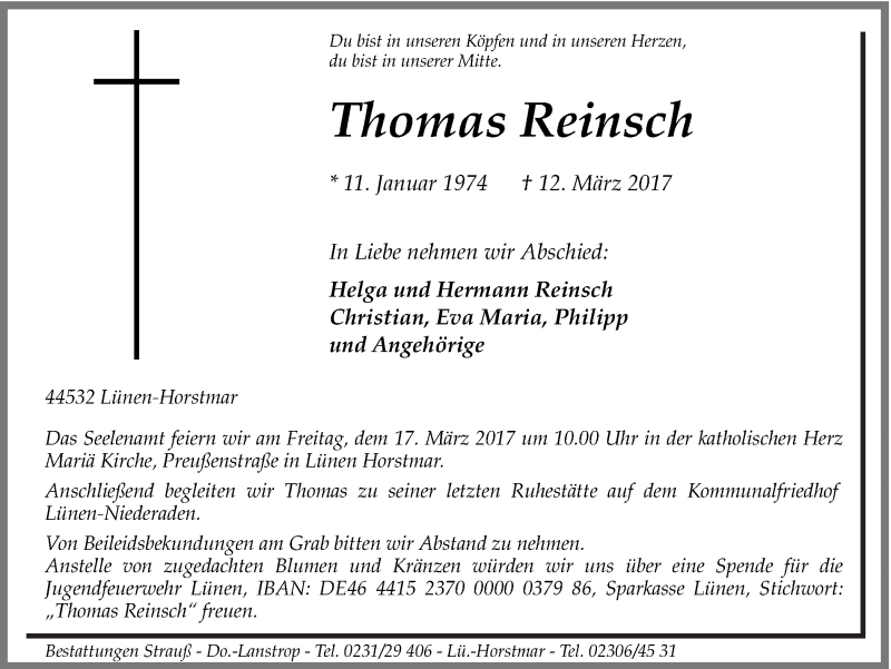  Traueranzeige für Thomas Reinsch vom 14.03.2017 aus Ruhr Nachrichten