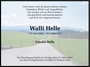 Traueranzeige von Walli Helle von Ruhr Nachrichten und Dorstener Zeitung
