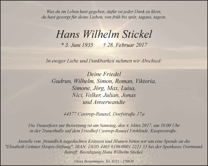  Traueranzeige für Hans Wilhelm Stickel vom 02.03.2017 aus Ruhr Nachrichten