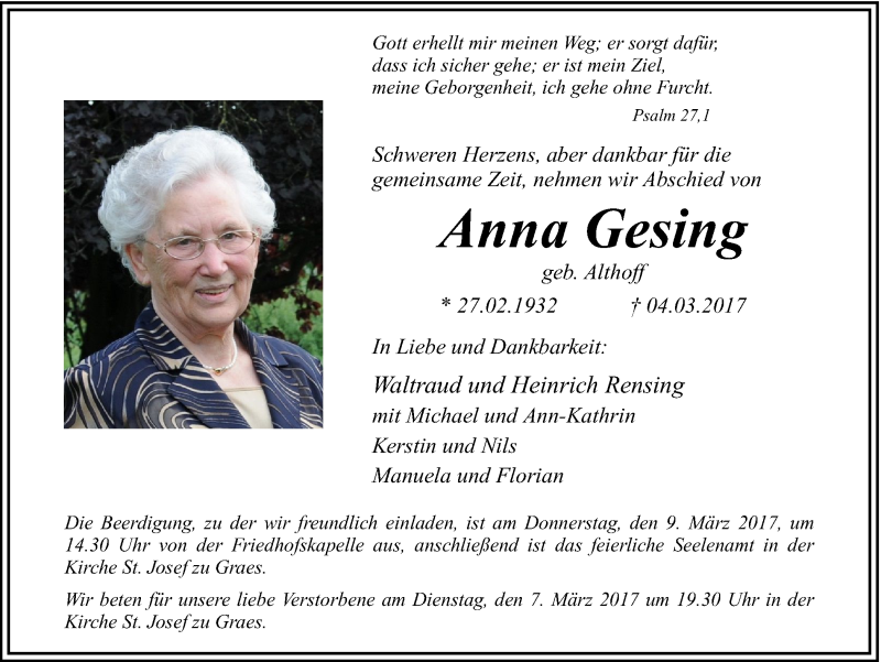  Traueranzeige für Anna Gesing vom 06.03.2017 aus Münstersche Zeitung und Münsterland Zeitung