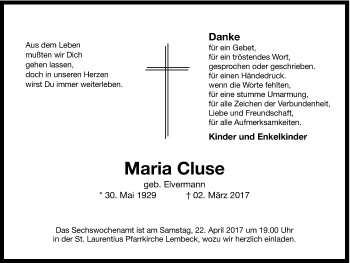 Traueranzeige von Maria Cluse von Ruhr Nachrichten und Dorstener Zeitung