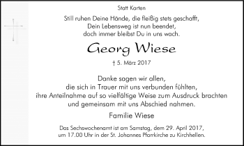 Traueranzeige von Georg Wiese von Ruhr Nachrichten und Dorstener Zeitung