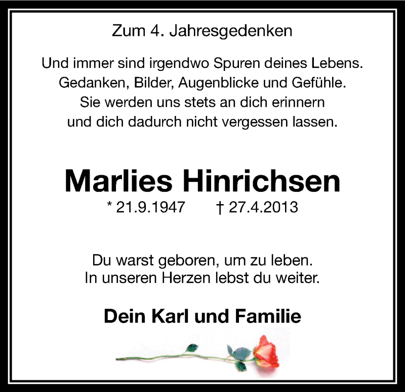  Traueranzeige für Marlies Hinrichsen vom 27.04.2017 aus Ruhr Nachrichten