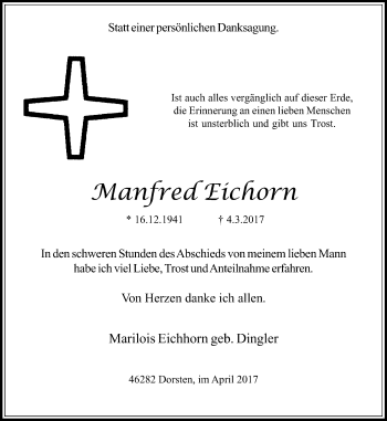 Traueranzeige von Manfred Eichorn von Ruhr Nachrichten und Dorstener Zeitung