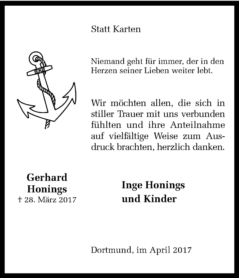  Traueranzeige für Gerhard Honings vom 29.04.2017 aus Ruhr Nachrichten