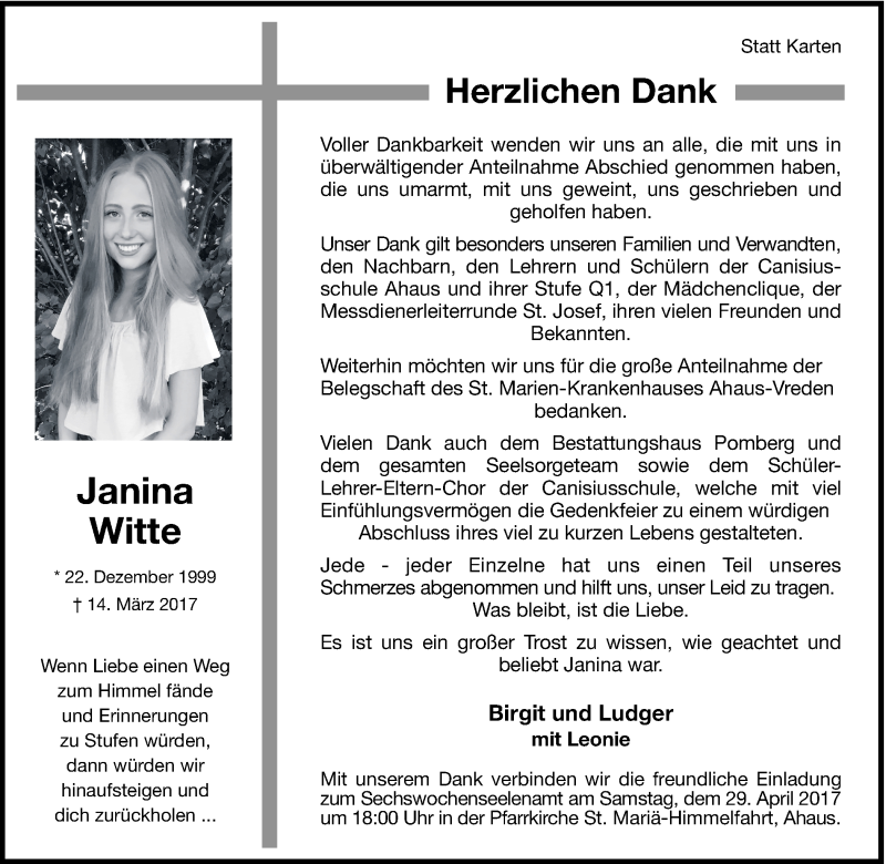  Traueranzeige für Janina Witte vom 25.04.2017 aus Münstersche Zeitung und Münsterland Zeitung