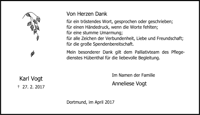  Traueranzeige für Karl Vogt vom 08.04.2017 aus Ruhr Nachrichten