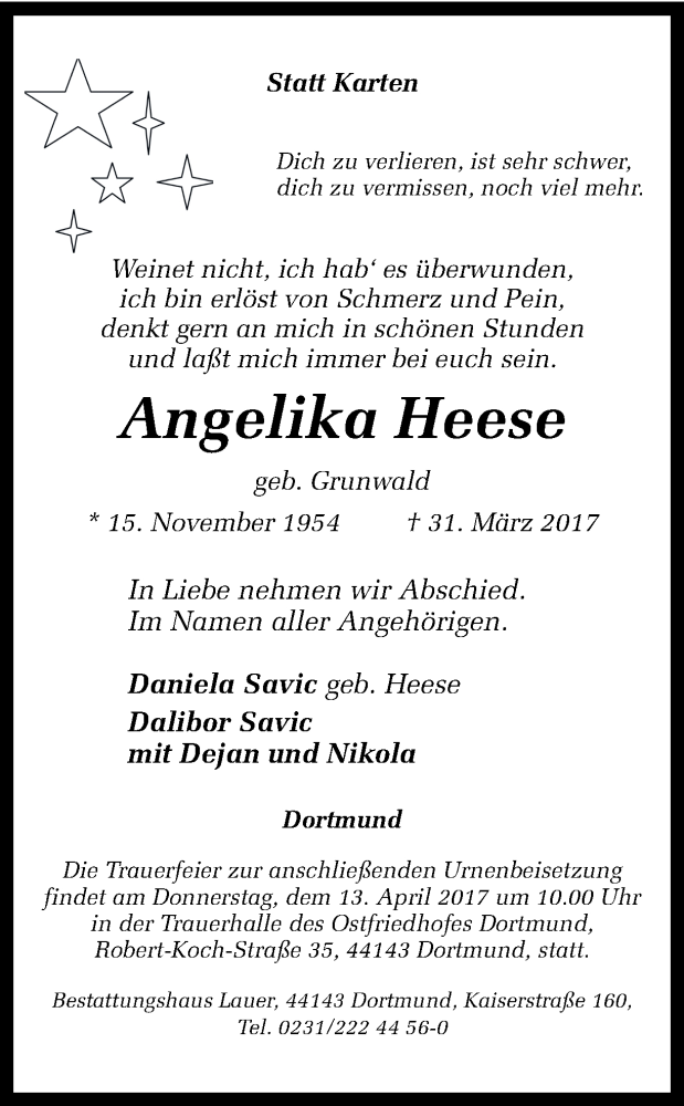  Traueranzeige für Angelika Heese vom 08.04.2017 aus Ruhr Nachrichten