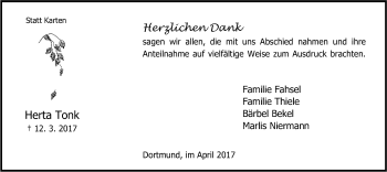 Traueranzeige von Herta Tonk von Ruhr Nachrichten