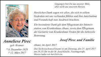 Traueranzeige von Anneliese Pirec von Münstersche Zeitung und Münsterland Zeitung