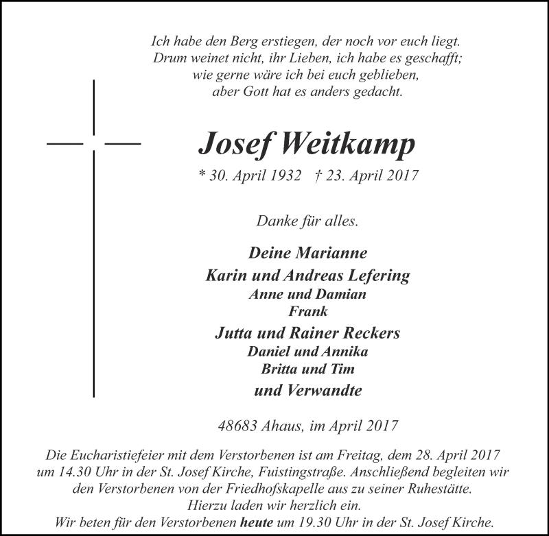  Traueranzeige für Josef Weitkamp vom 26.04.2017 aus Münstersche Zeitung und Münsterland Zeitung