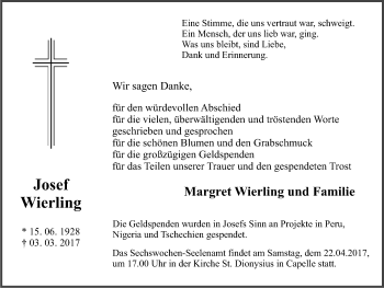 Traueranzeige von Josef Wierling von Ruhr Nachrichten