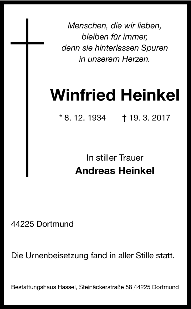  Traueranzeige für Winfried Heinkel vom 01.04.2017 aus Ruhr Nachrichten