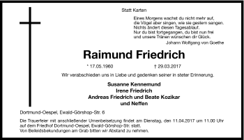 Traueranzeige von Raimund Friedrich von Ruhr Nachrichten