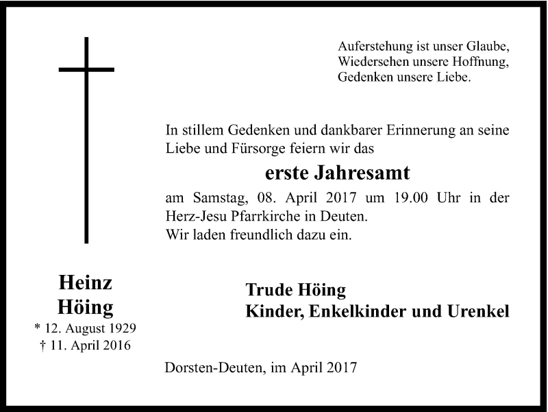  Traueranzeige für Heinz Höing vom 05.04.2017 aus Ruhr Nachrichten und Dorstener Zeitung